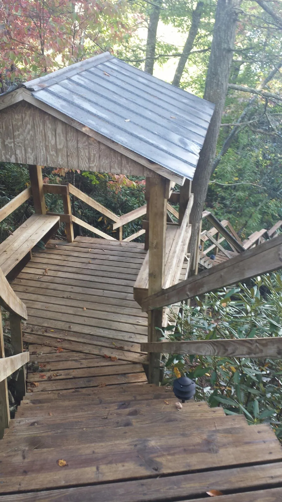 Metal roofed shelter over wooden steps on a wooded walkway — Skylight Repair & Installation work by our crew in Umpqua